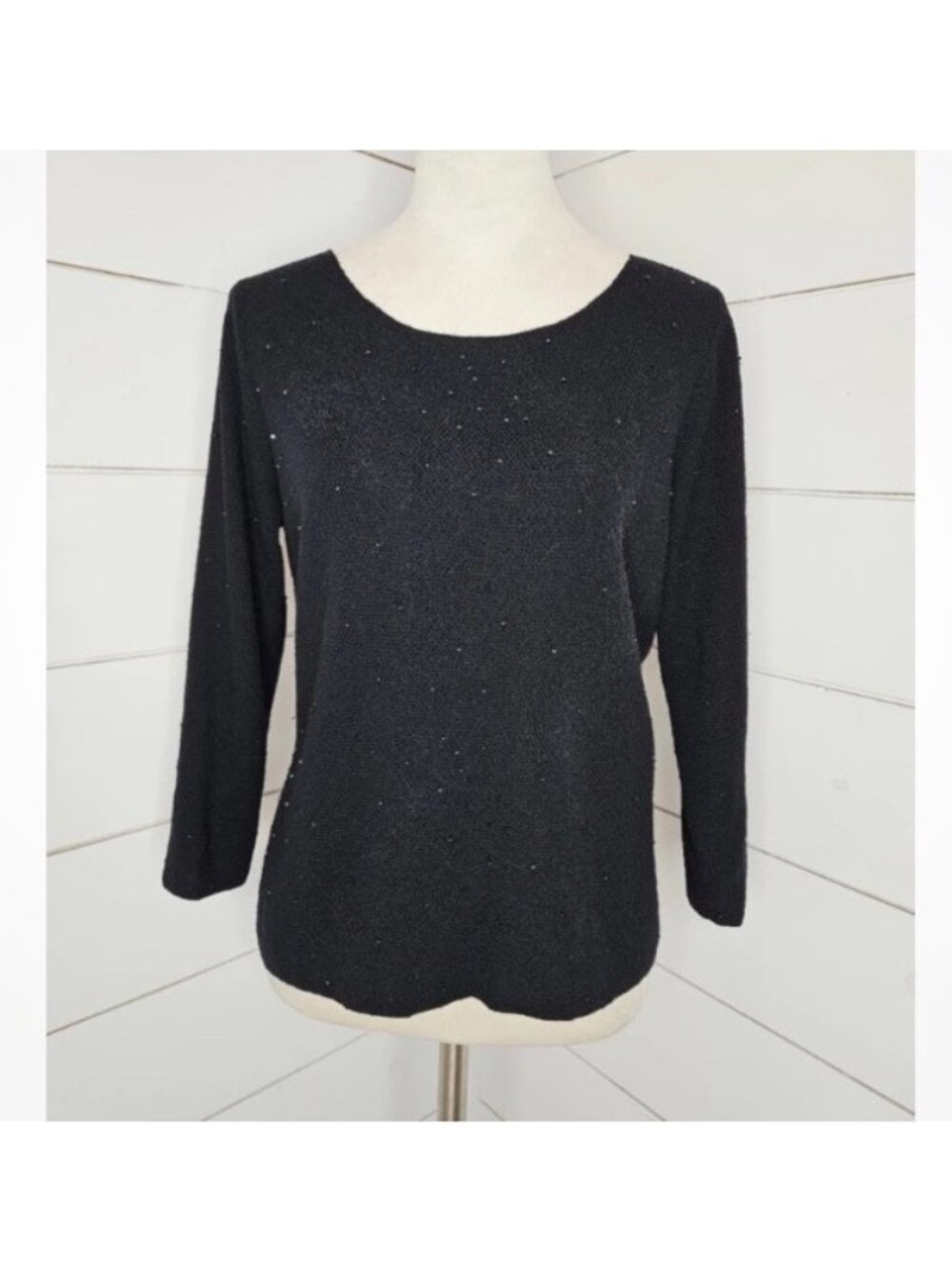 Eileen Fisher Black 100% Merino Wool Beaded Sweater Crew Neck 3/4 Sleeves M chic